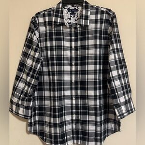 NWOT Chaps No Iron Button Up Shirt Women’s Size XL Black White Cotton